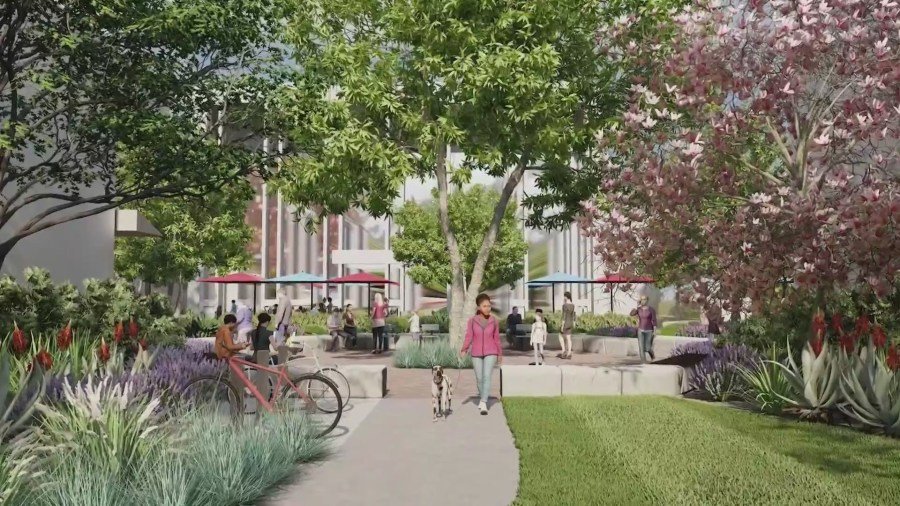 Una representación del nuevo "Greenleaf Promenade" que contará con árboles más pequeños y características peatonales y espacios verdes mejorados. (Ciudad de Whittier)
