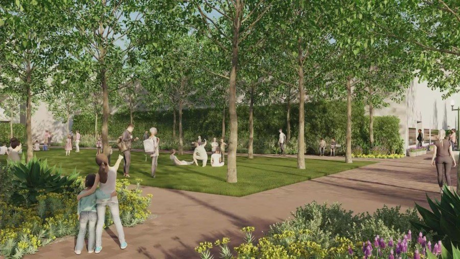 Una representación del nuevo "Greenleaf Promenade" que contará con árboles más pequeños y características peatonales y espacios verdes mejorados. (Ciudad de Whittier)