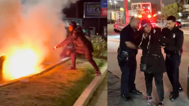 Una mujer fue arrestada después de que la cámara la captara incendiando un automóvil en una gasolinera de Hollywood el 27 de diciembre de 2024. (RMG)