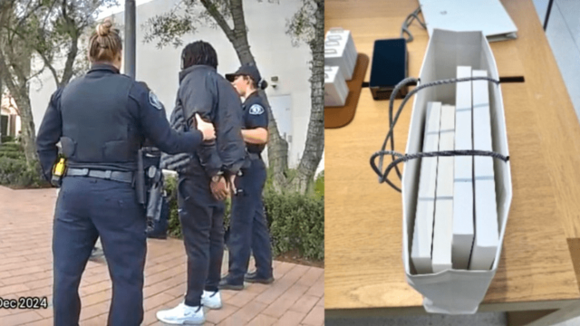 Malcolm Walker, de 30 años, fue arrestado después de que lo encontraran con productos Apple robados por valor de miles de dólares en el centro comercial Irvine Spectrum Center en diciembre de 2024 (Departamento de Policía de Irvine).
