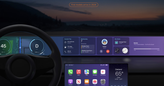 Apple’s CarPlay concept, showing a badge that reads “First models arrive in 2024.”