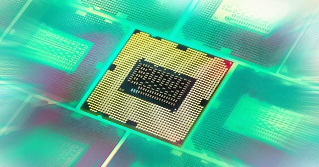 Illustrations of a grid of processors seen at an angle with the middle one flipped over to show the pins and the rest shrouded in a green aura