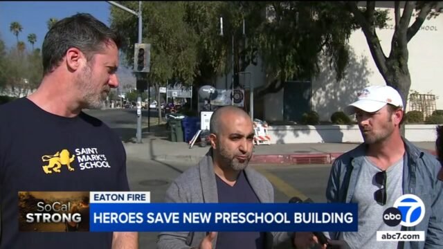 Incendios forestales en California: 3 hombres ayudan a salvar parte de la escuela de San Marcos en Altadena durante el incendio de Eaton
