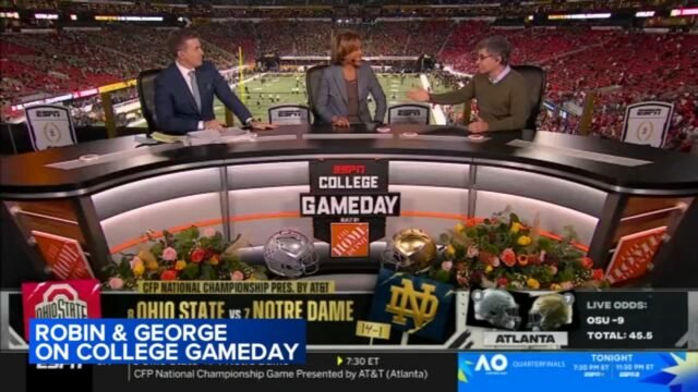 Robin Roberts y George Stephanopoulos de Good Morning America se unen al 'College GameDay' de ESPN antes del partido de Notre Dame, Ohio State
